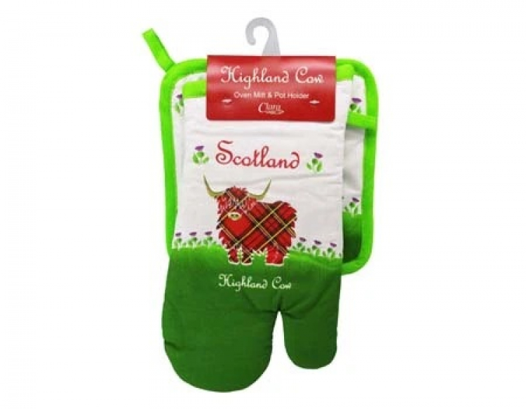 Ofenhandschuh und Topflappen Set Highland Cow